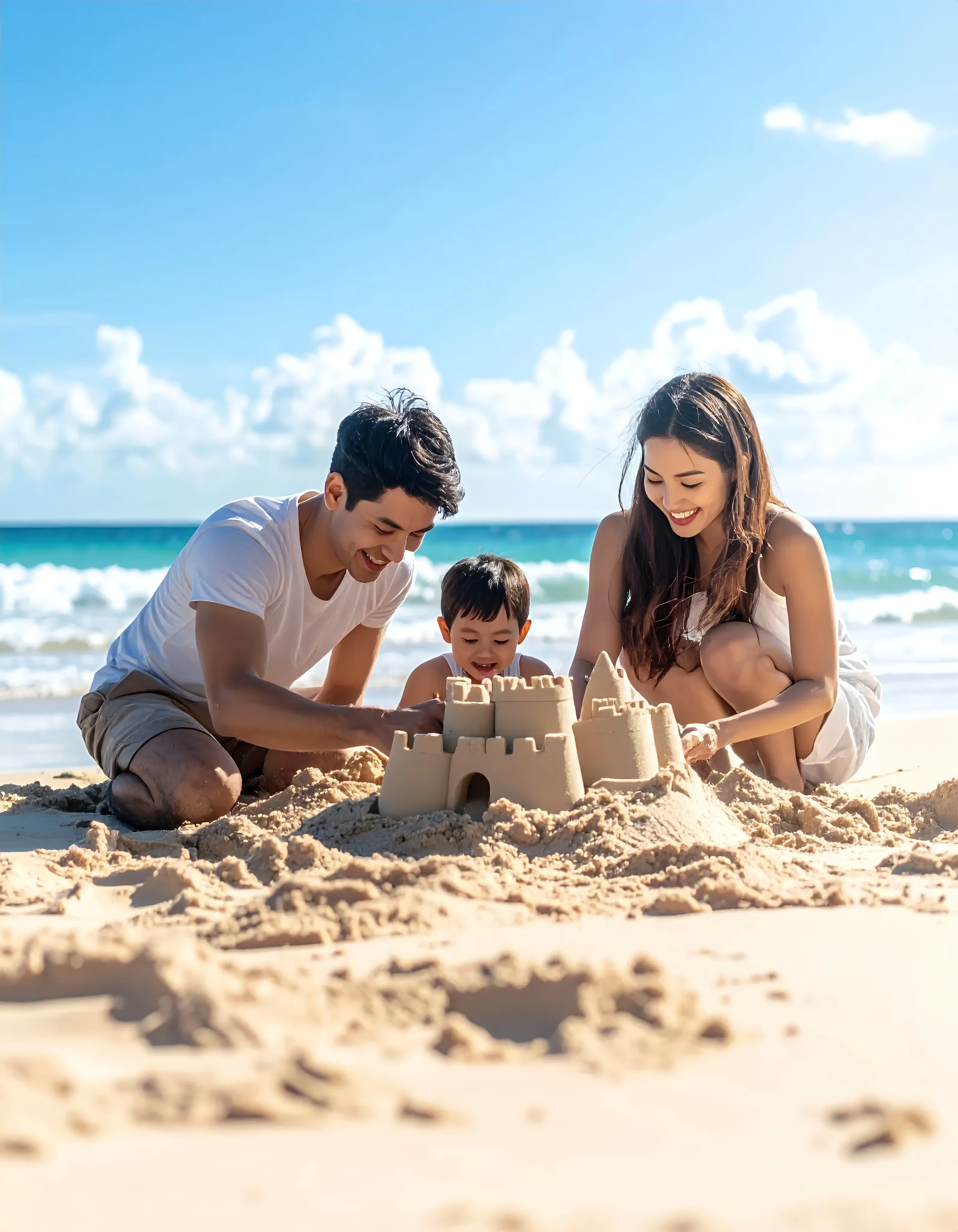 Happy family building sandcastles on a sunny beach vacation